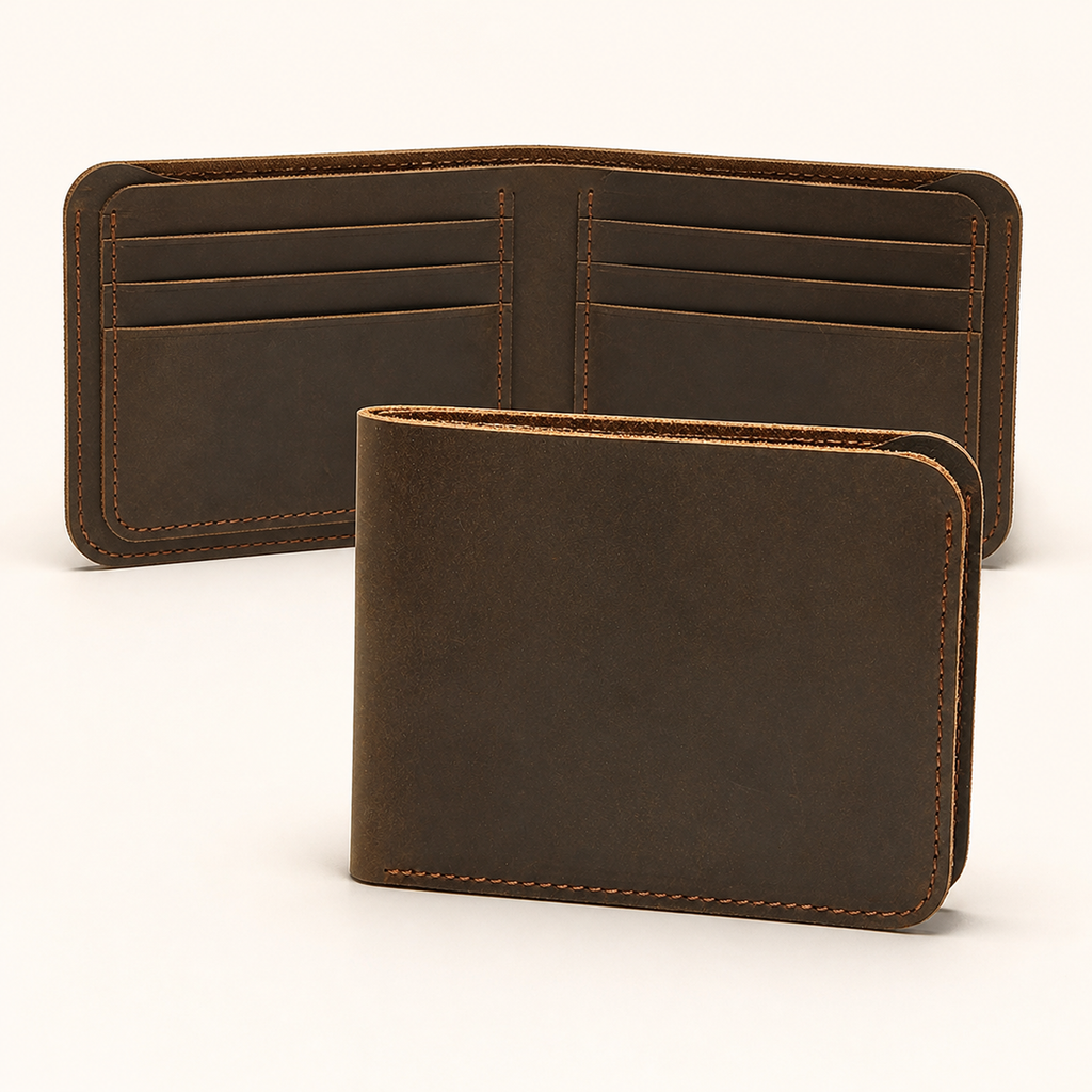 Dark brown men's wallet, open and closed views