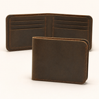 Dark brown men's wallet, open and closed views