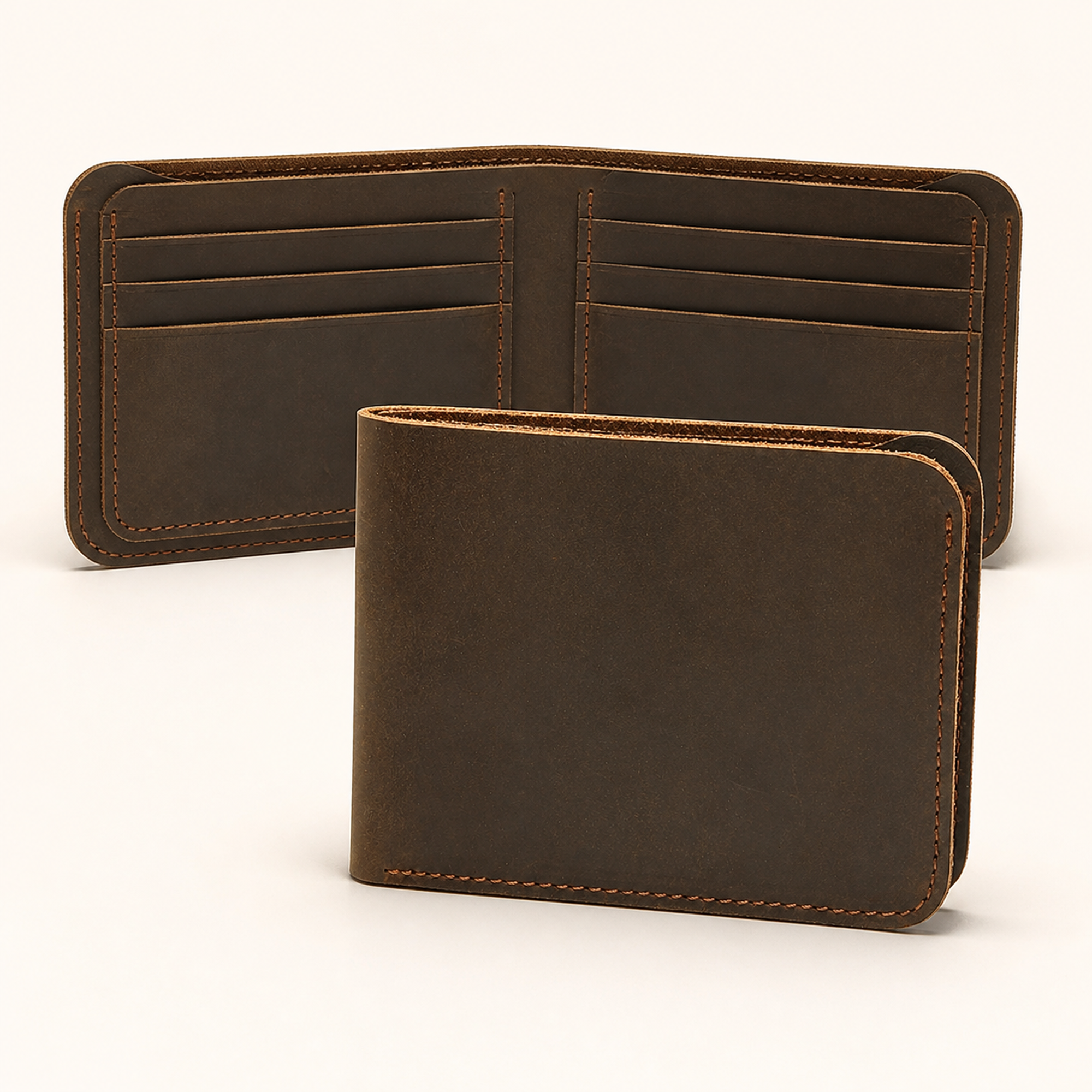 Dark brown men's wallet, open and closed views