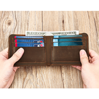 Dark brown men's wallet, open with cash and cards