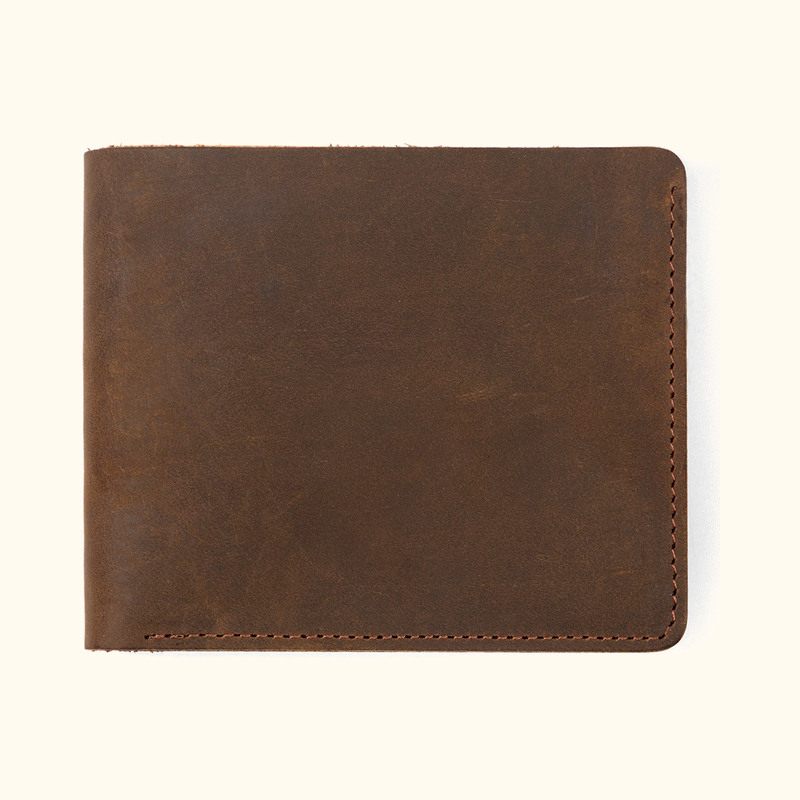 Brown men's bifold wallet with ID window