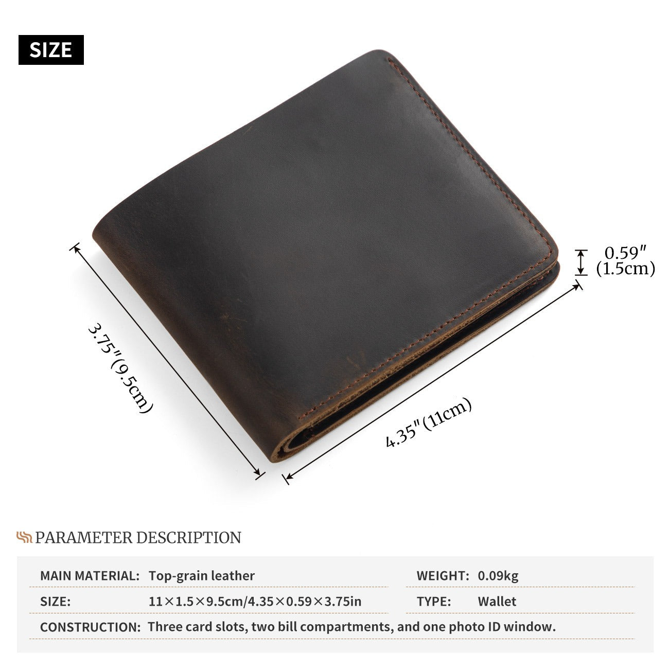 Brown-black men's wallet, closed view