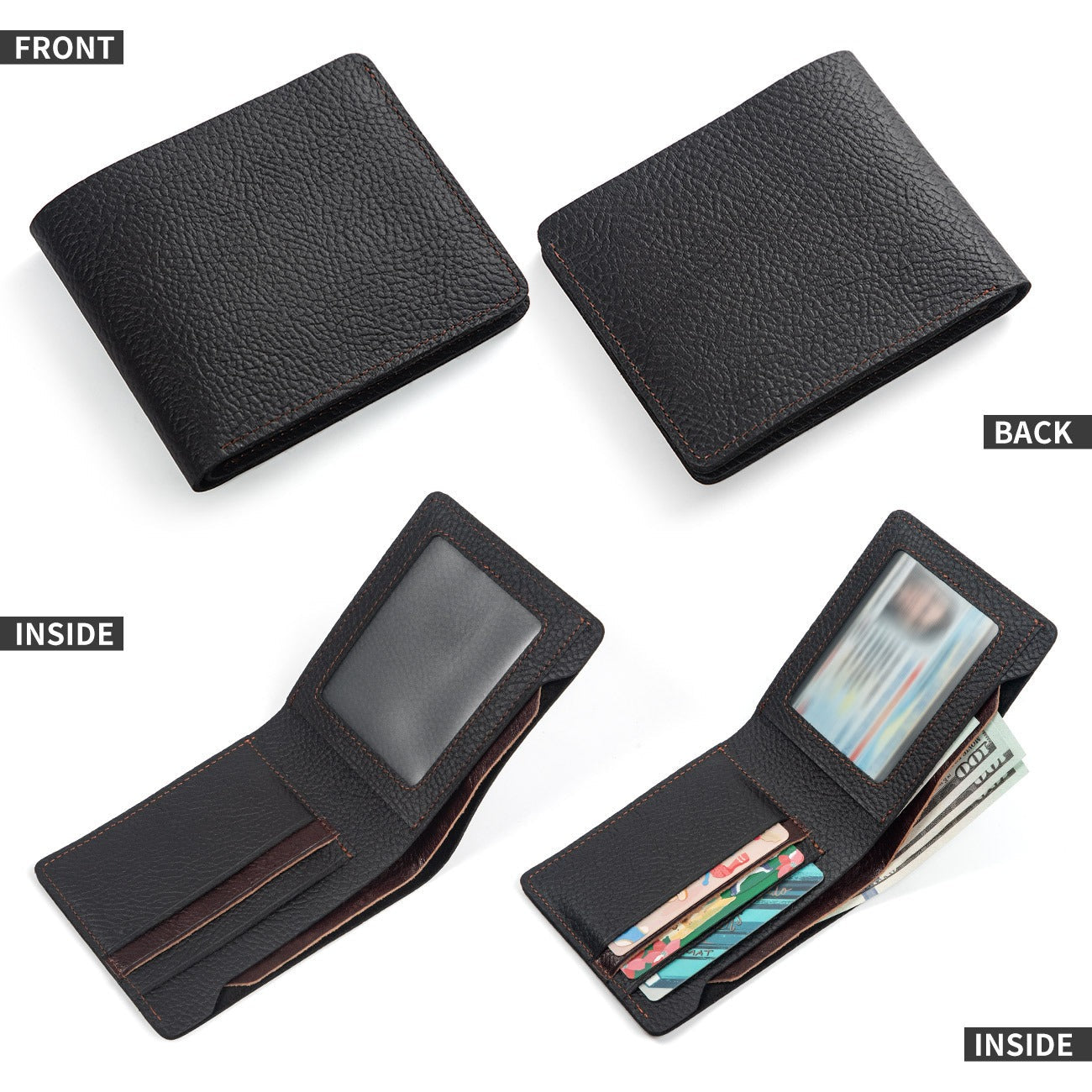 Lychee-grain black men's wallet, card slots