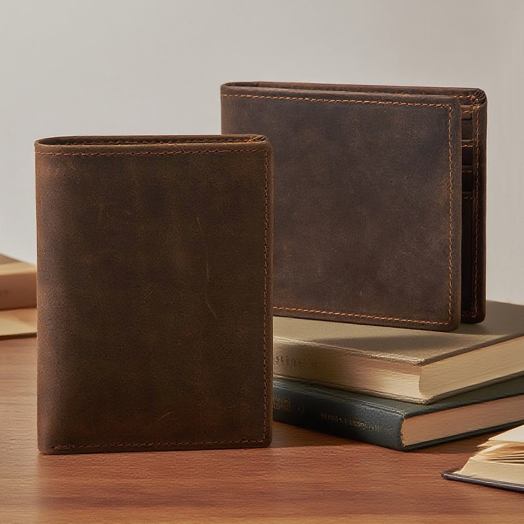Dark brown men's wallet, tall profile side view