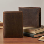 Dark brown men's wallet, tall profile side view