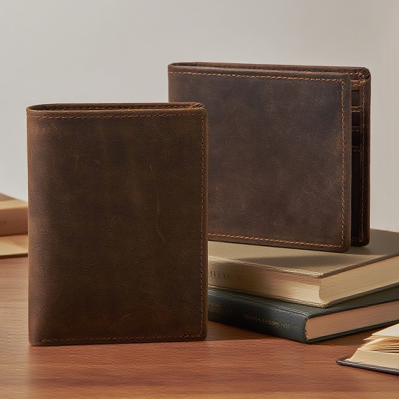 Dark brown men's wallet, tall profile side view