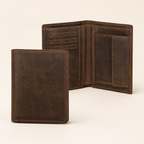 Dark brown men's wallet, closed and open views