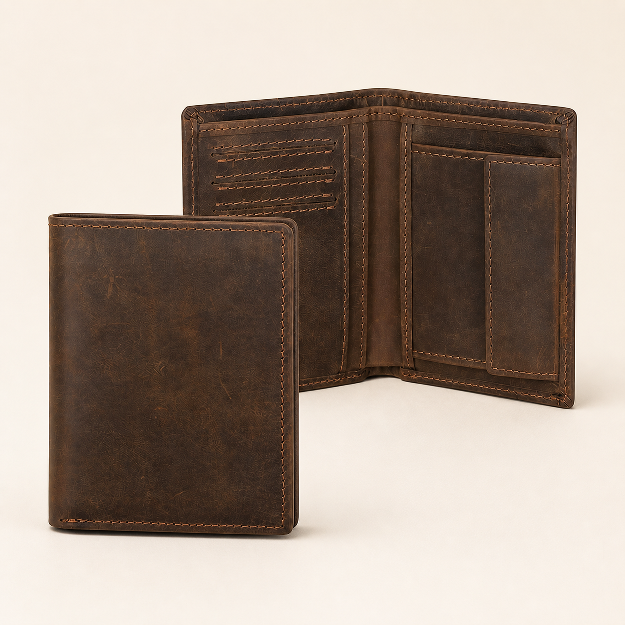 Dark brown men's wallet, closed and open views
