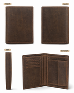 Dark brown wallet on a vintage desk with books and a lamp