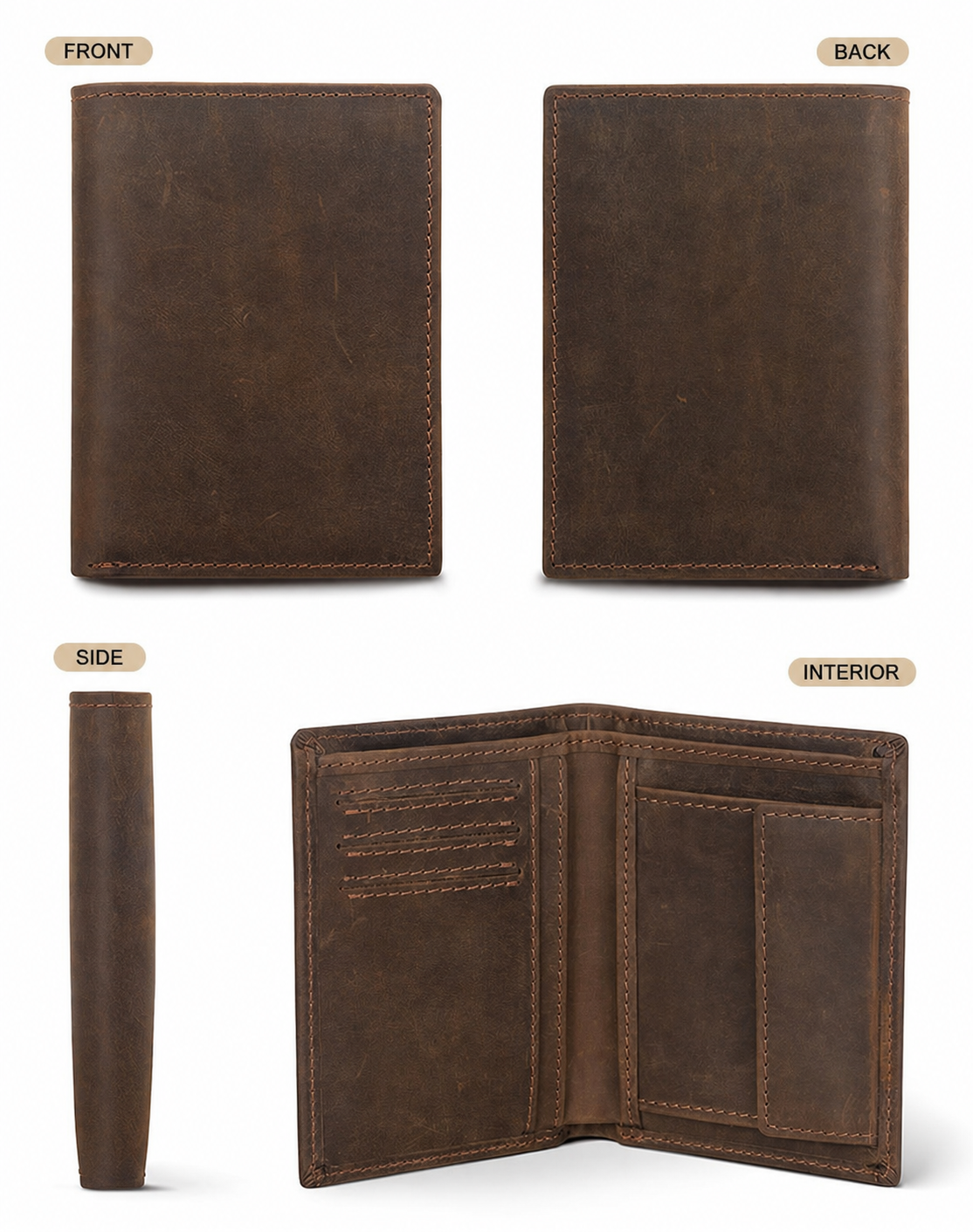 Dark brown wallet on a vintage desk with books and a lamp