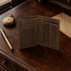 Dark brown wallet on a vintage desk, open with cards