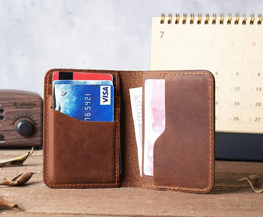 Brown men's minimalist bifold wallet
