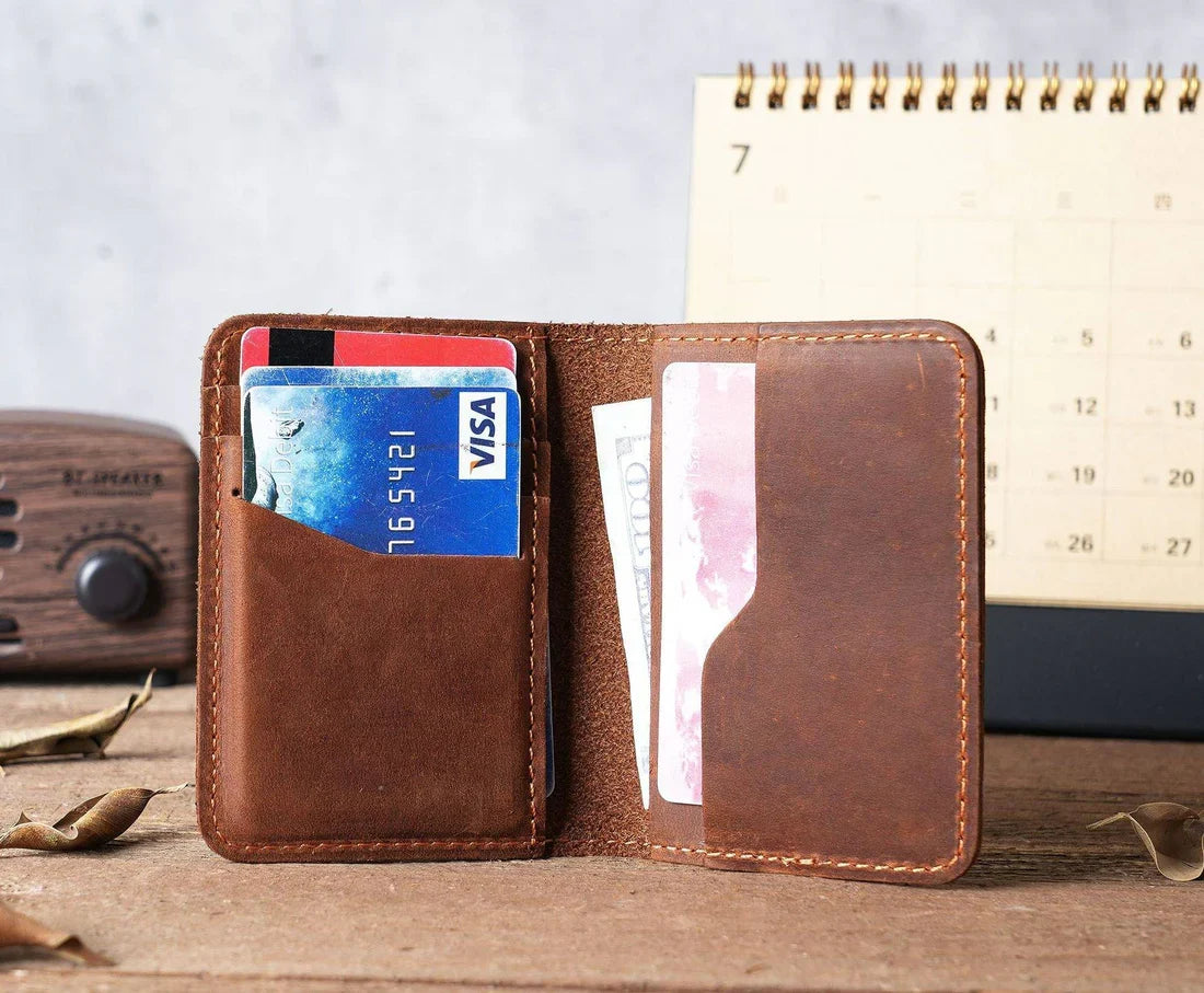 Brown men's minimalist bifold wallet