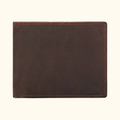 Dark brown men's bifold wallet with flip-up ID window