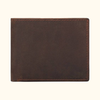 Dark brown men's bifold wallet with flip-up ID window