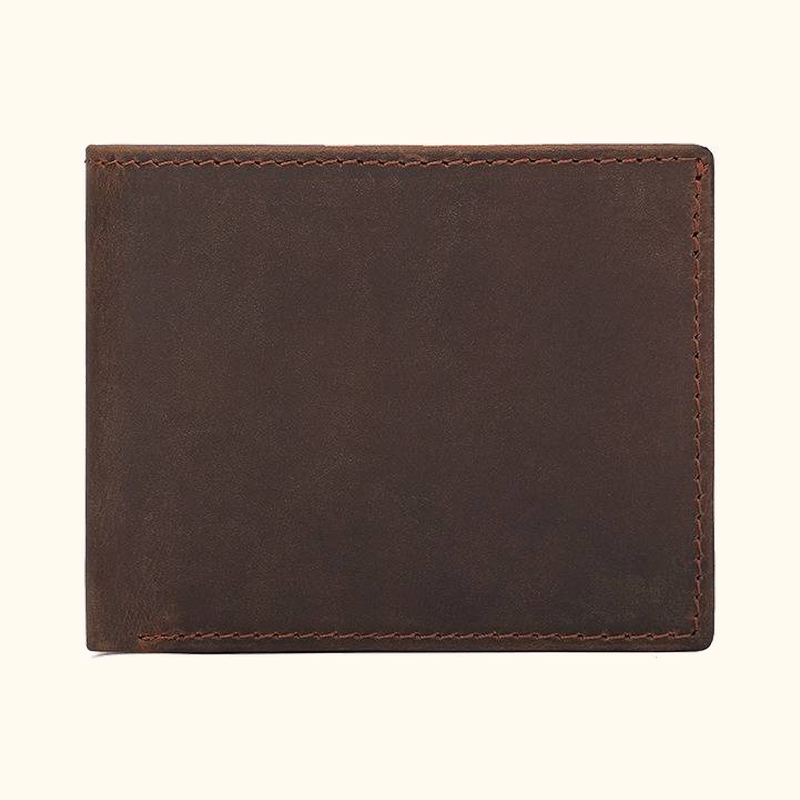 Dark brown men's bifold wallet with flip-up ID window
