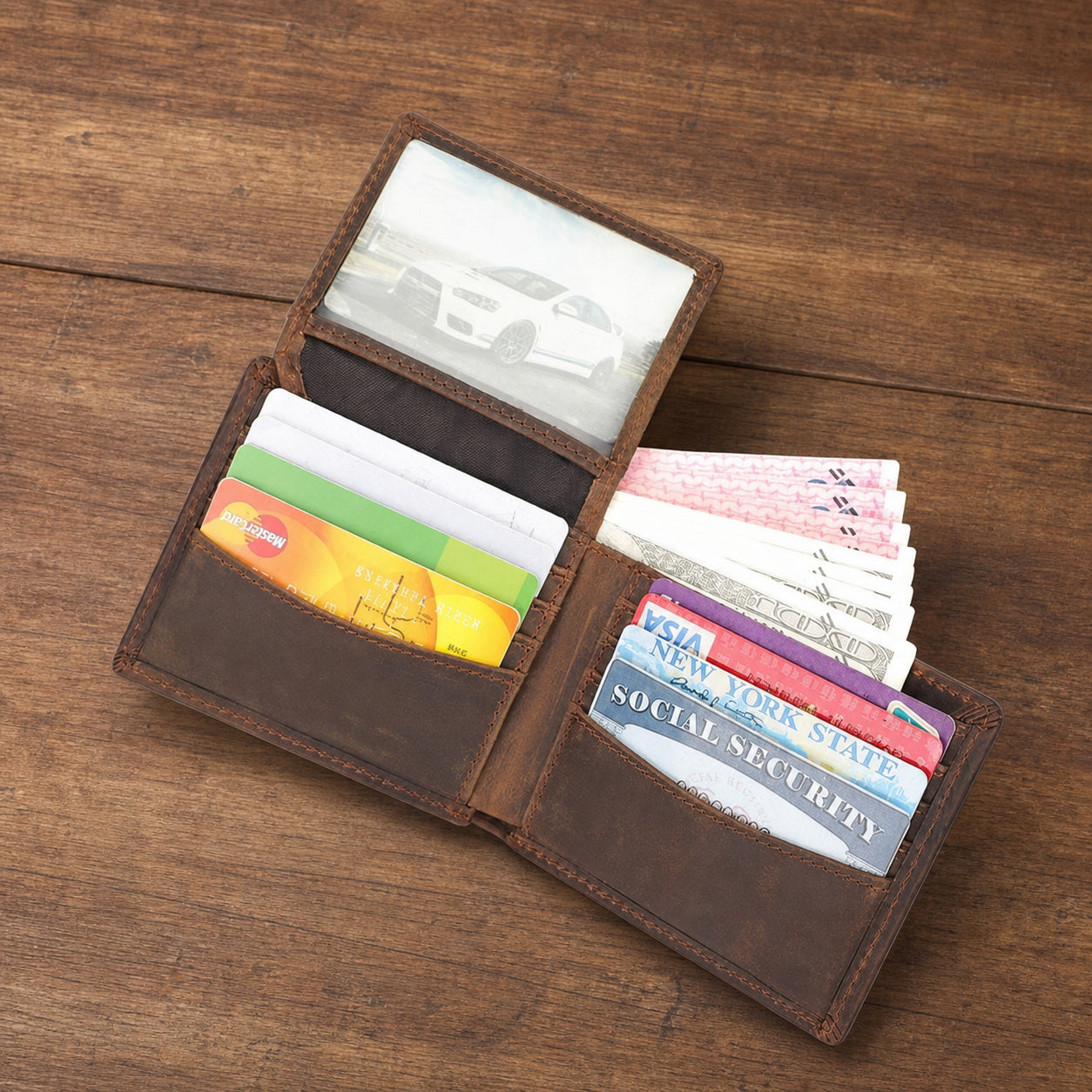 Dark brown men's wallet, flat lay