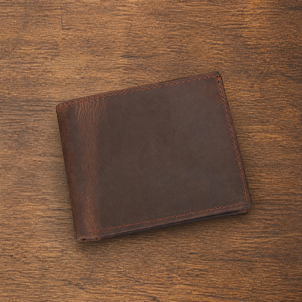 Dark brown men's wallet, side view