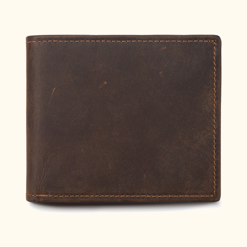 Dark brown men's bifold wallet with snap coin pocket