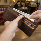 Man holding open a dark brown men's wallet at a cafe