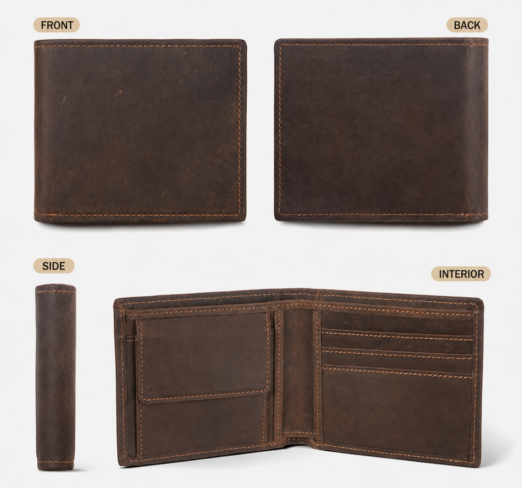 Dark brown men's wallet, four angles shown