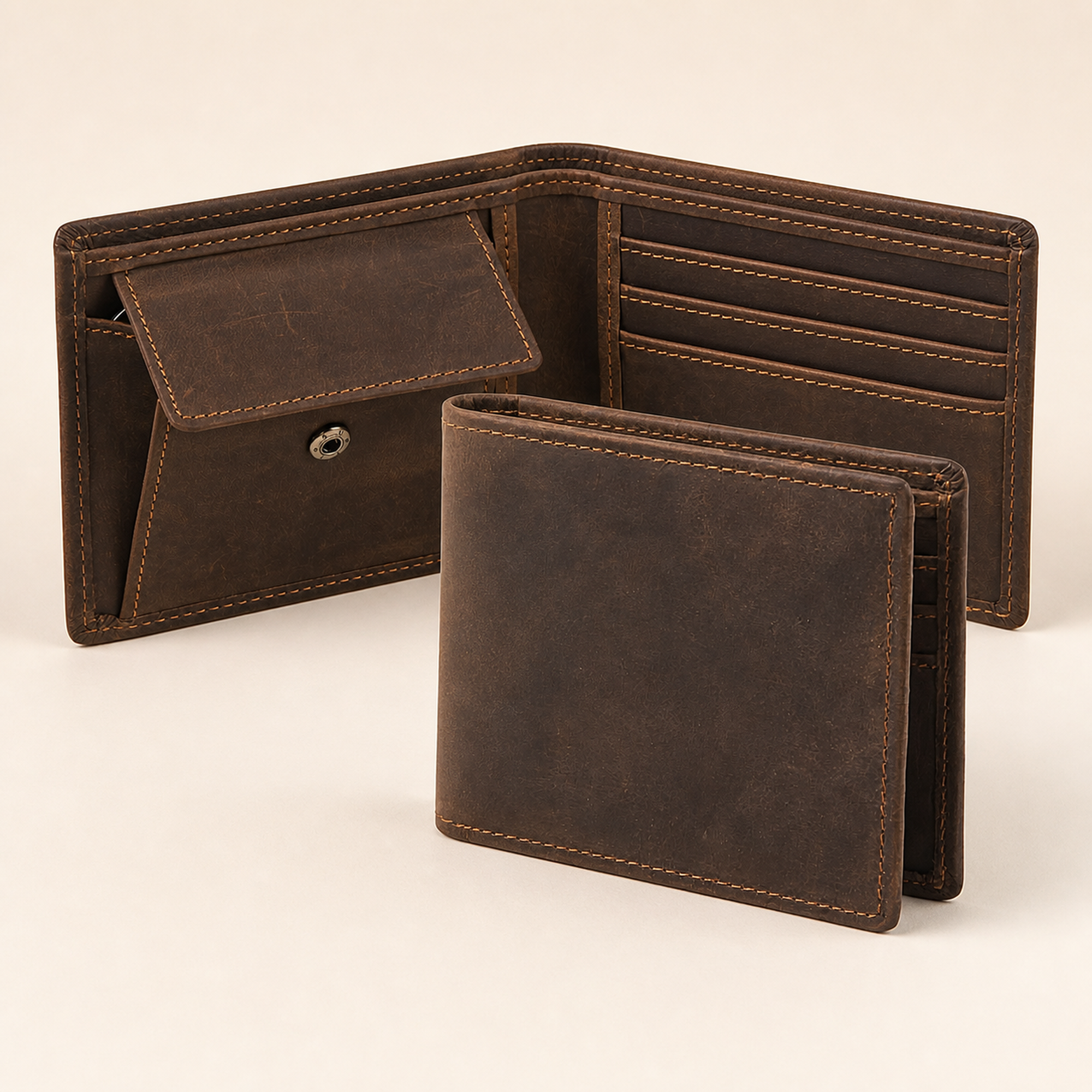 Dark brown men's wallet, snap coin pocket open