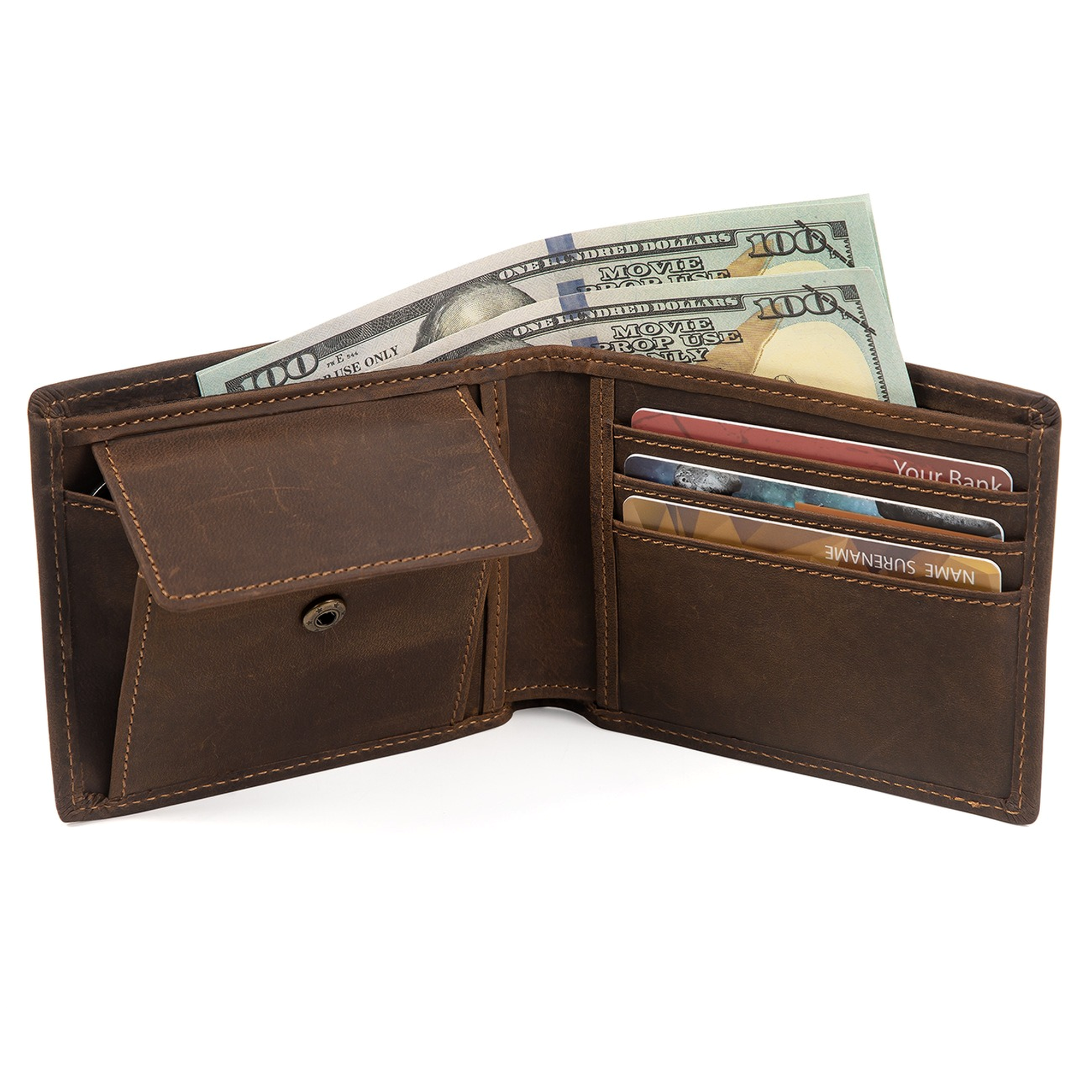 Dark brown men's wallet, cash and coins in the snap pocket