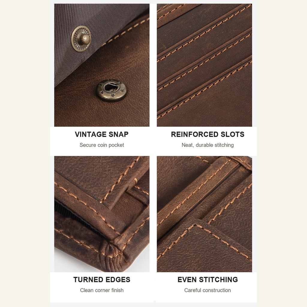 Close-up collage of the wallet's snap and stitching