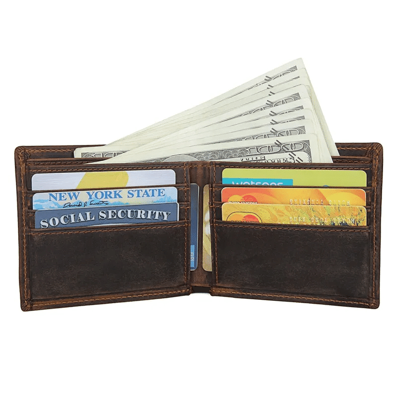 Dark brown men's wallet, stitching detail