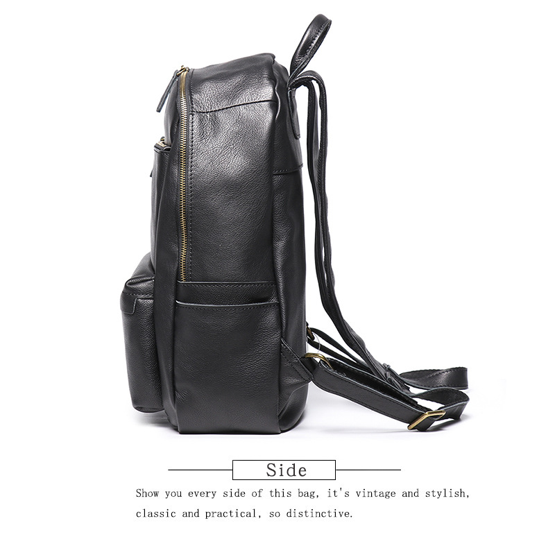 Black leather bookbag, side view