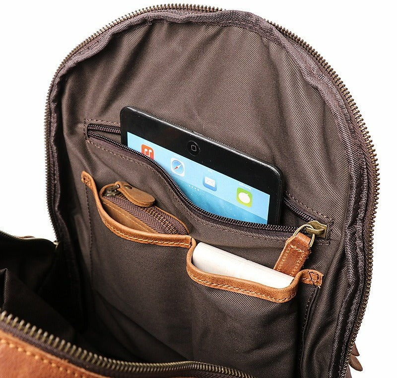 Brown leather bookbag, another angle