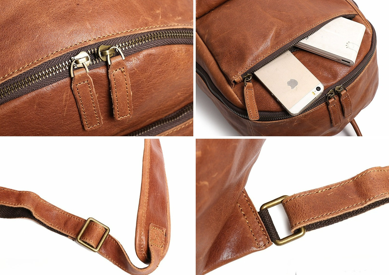 Brown leather bookbag, leather grain