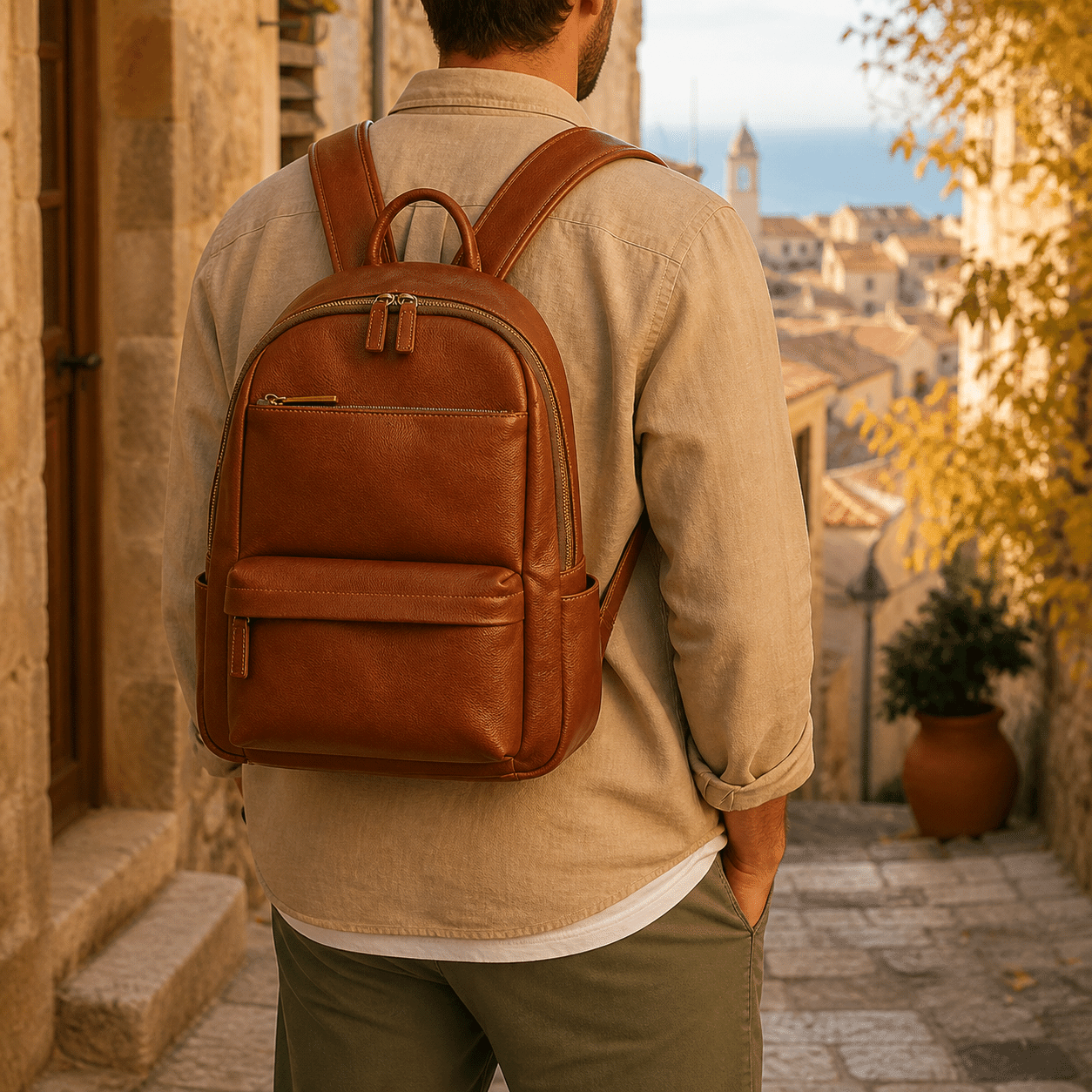 Man wearing the brown leather bookbag in a coastal town