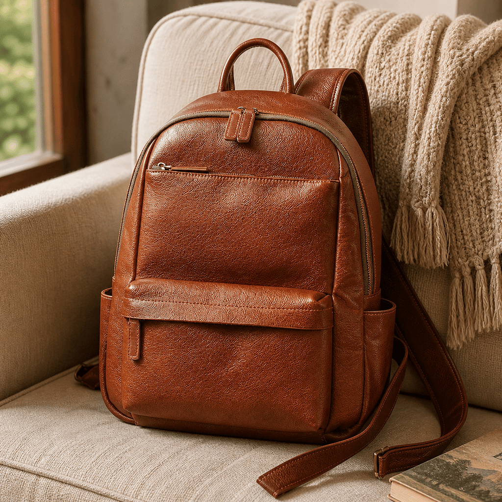 Brown leather bookbag in a Mediterranean village scene
