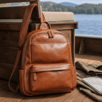 Brown leather bookbag, interior view