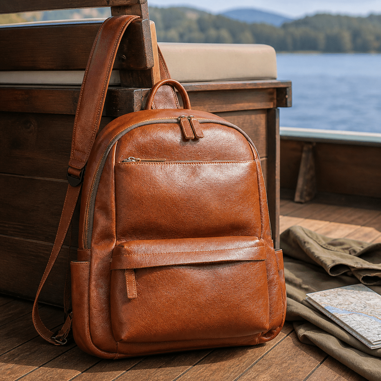Brown leather bookbag, interior view