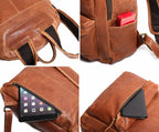 Brown leather bookbag, side view