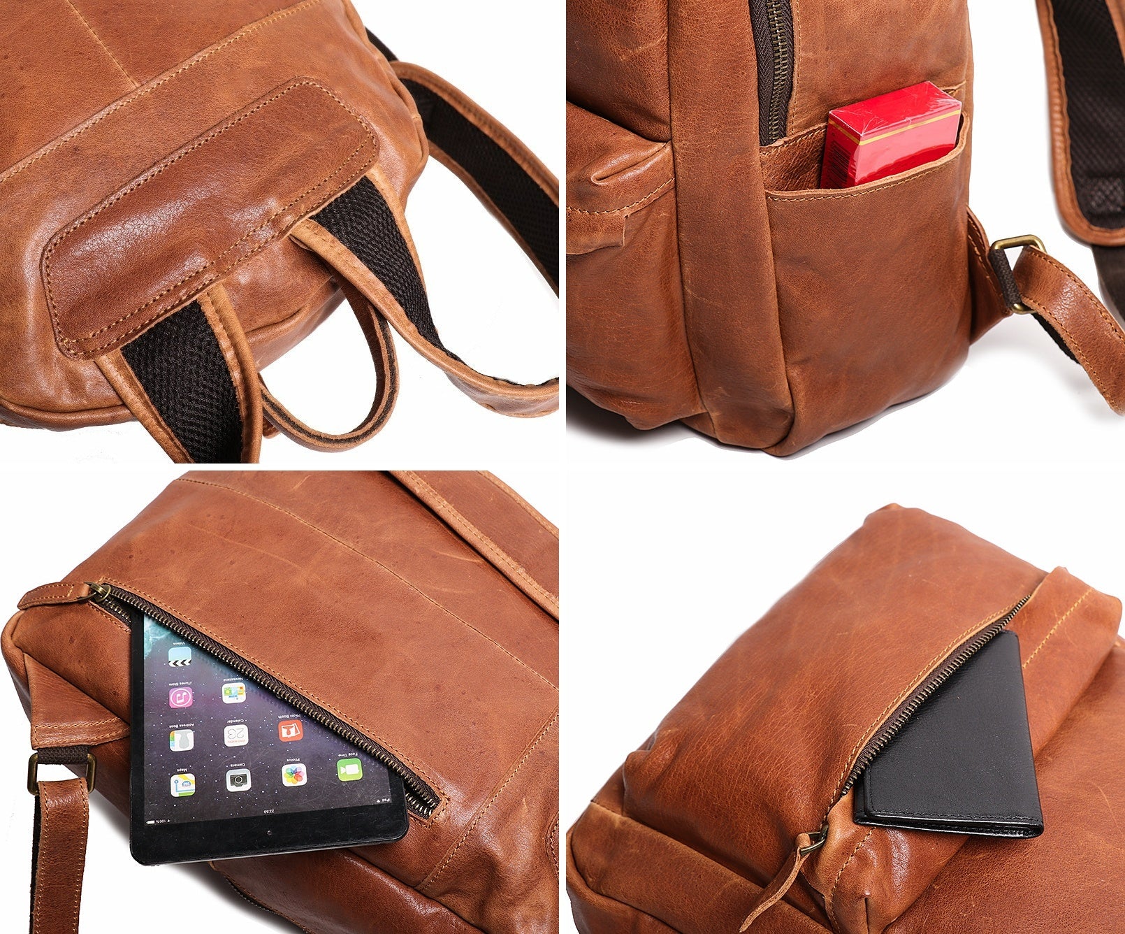 Brown leather bookbag, side view