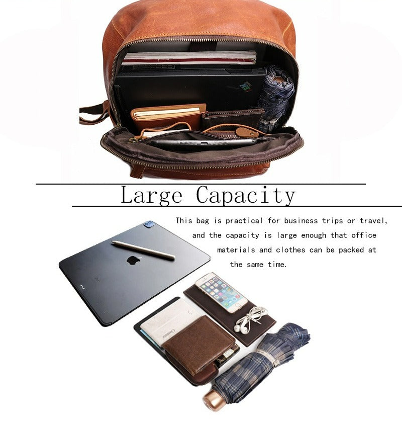 Brown leather bookbag, front pocket detail
