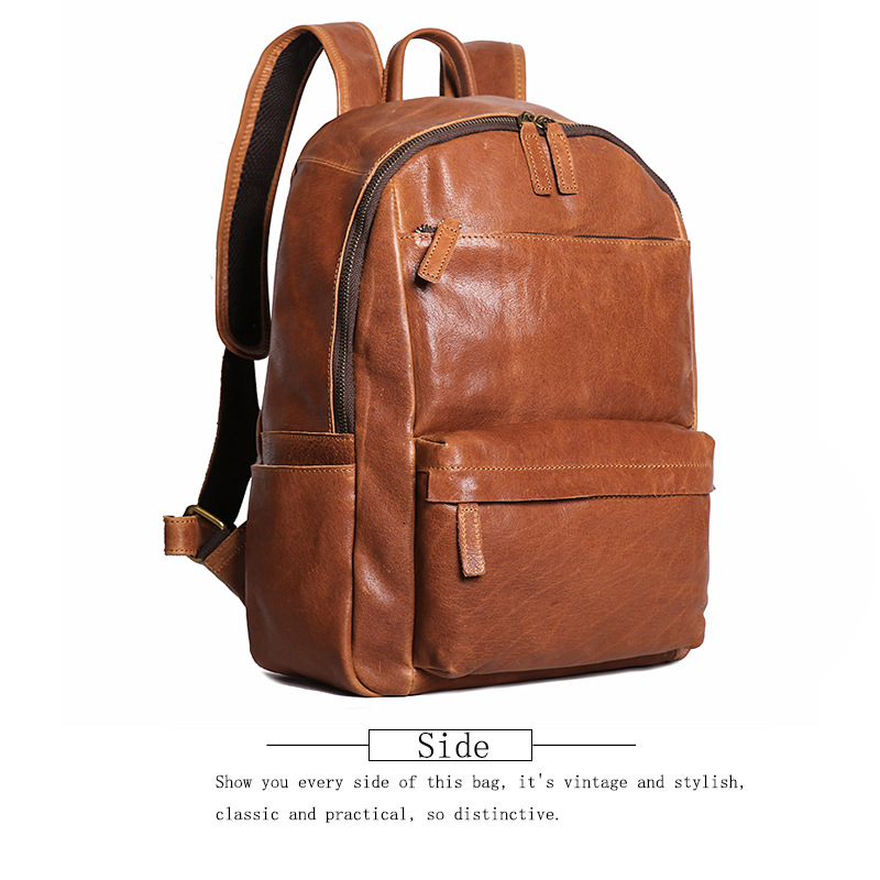 Brown leather bookbag, back panel detail