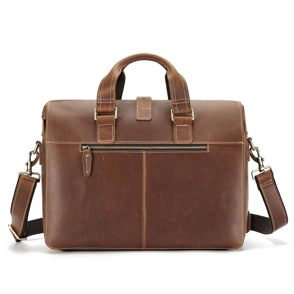 Brown men's briefcase, front pocket detail