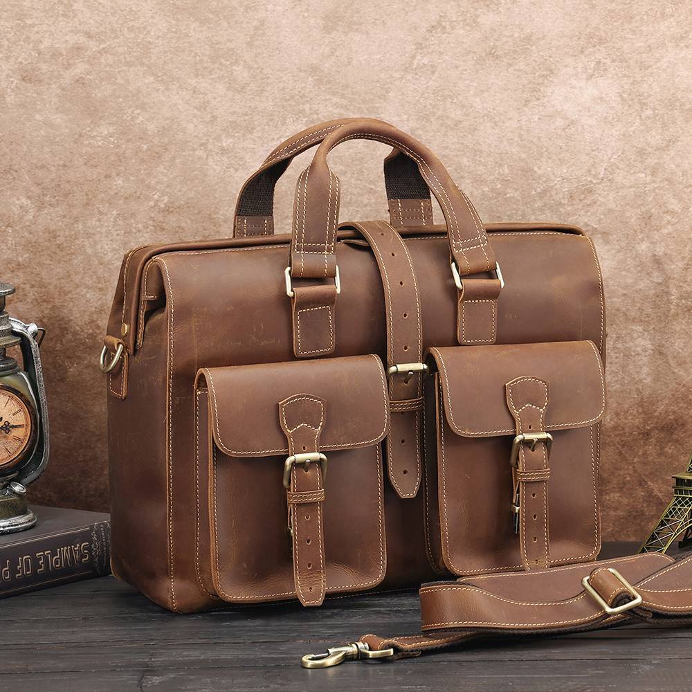 Brown men's briefcase, back view