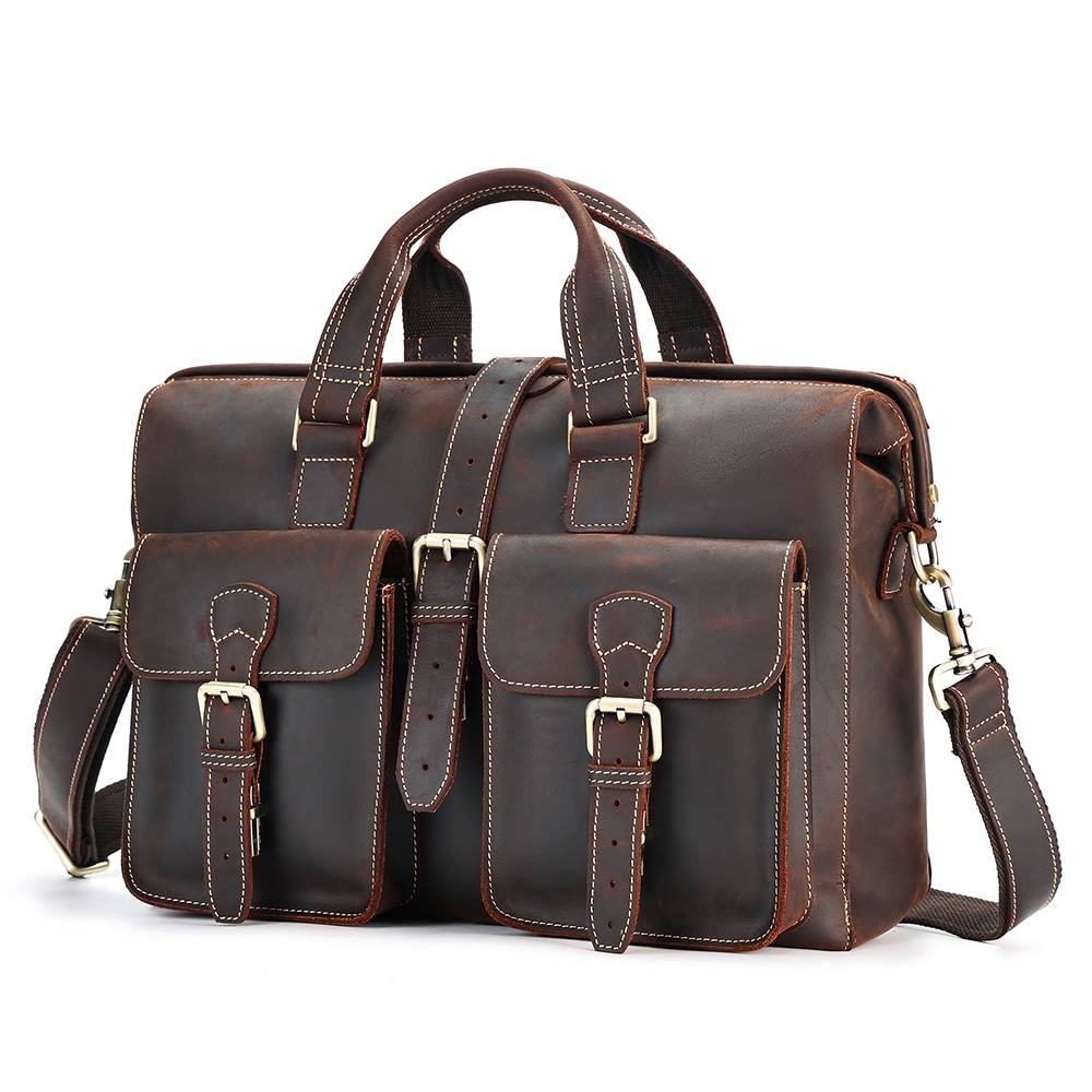 Man wearing the dark brown leather briefcase, back