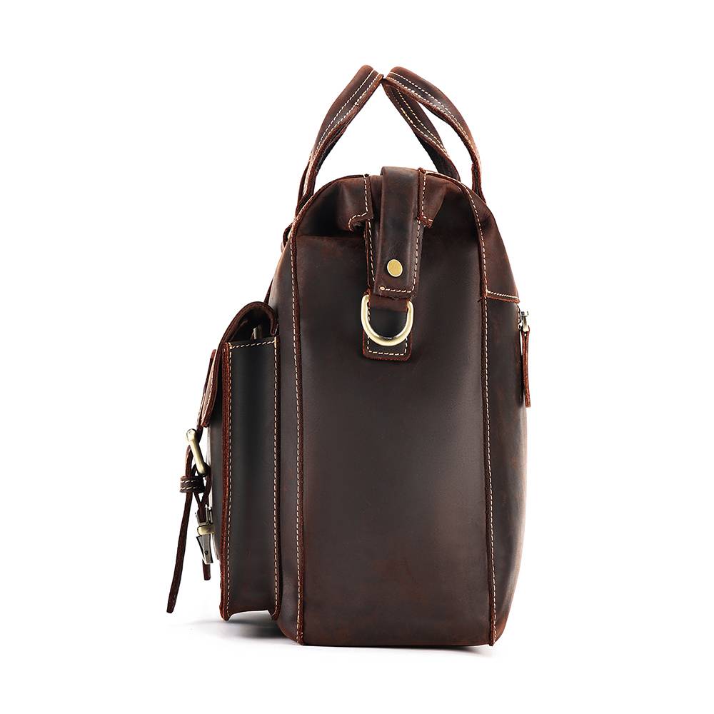 Dark brown men's briefcase, handle detail
