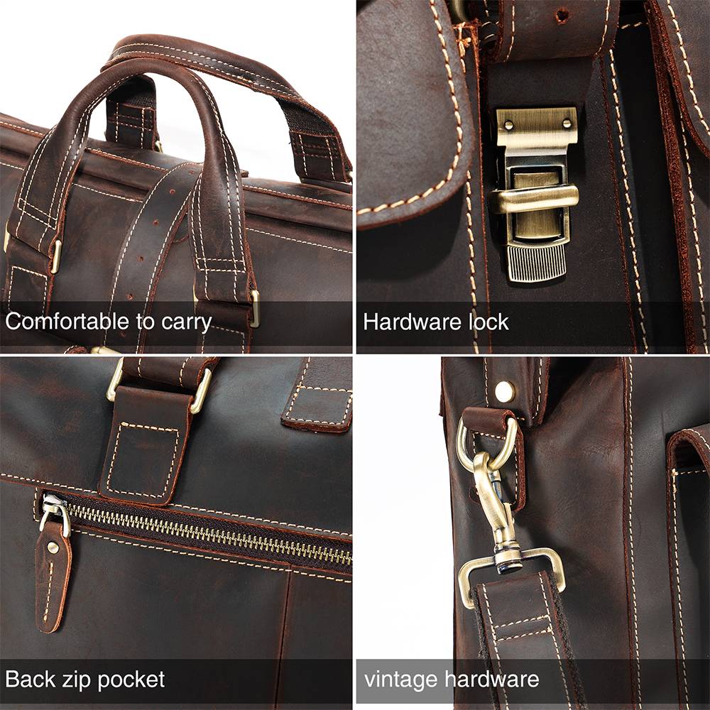 Dark brown men's briefcase, leather grain