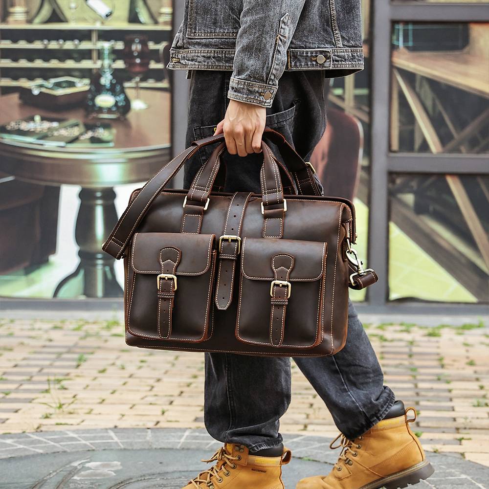 Dark brown men's briefcase, another angle