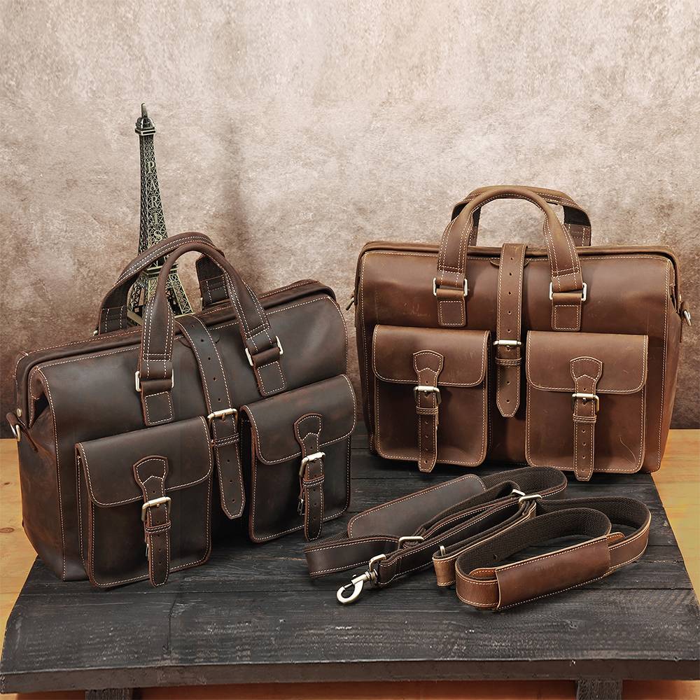 Dark brown men's briefcase, flat lay