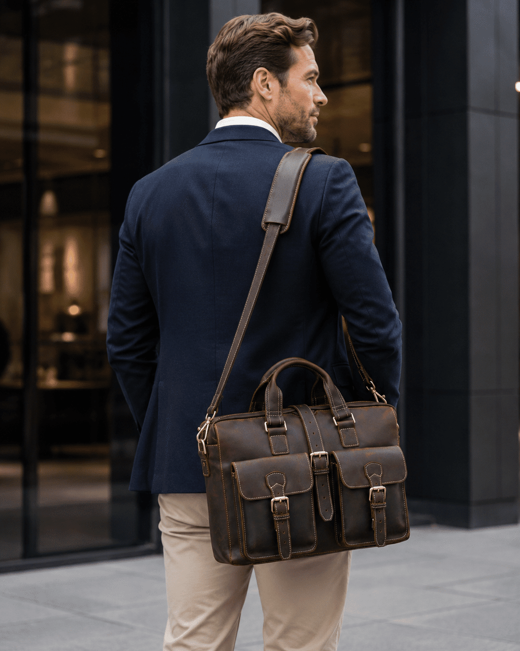 Man carrying the dark brown leather briefcase, front