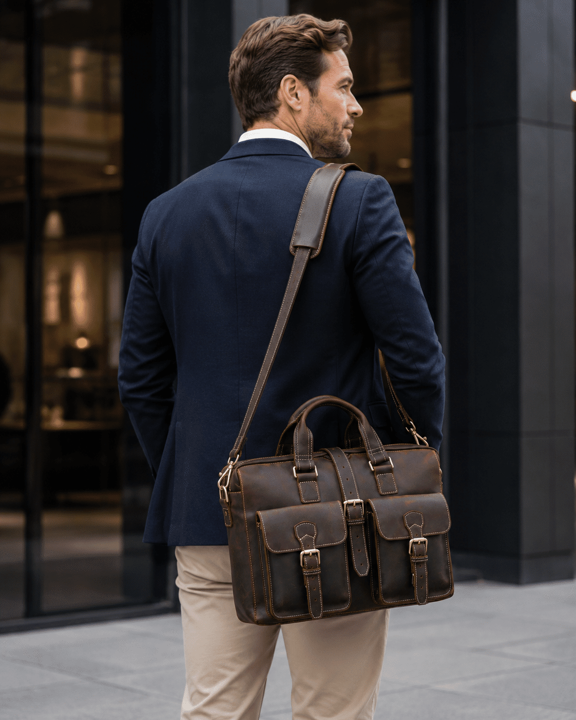 Man carrying the dark brown leather briefcase, front