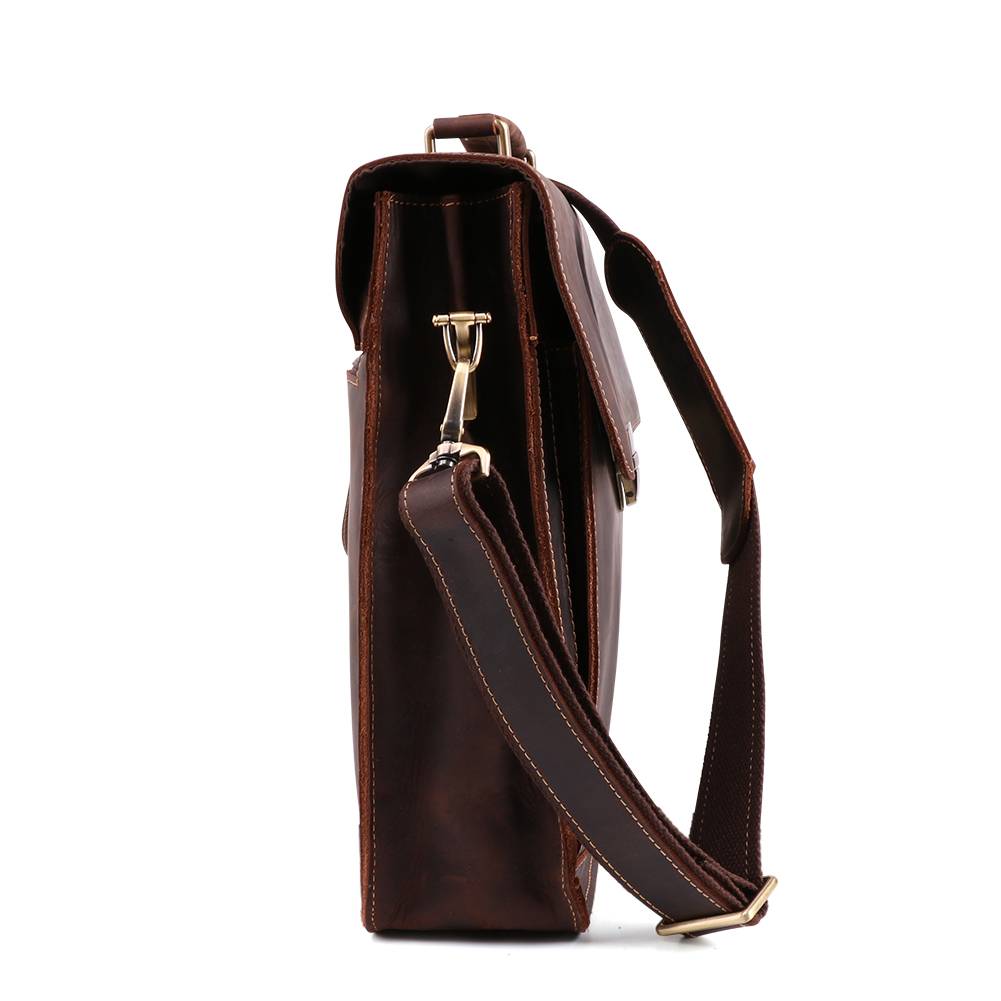 Dark brown men's briefcase, top handle detail